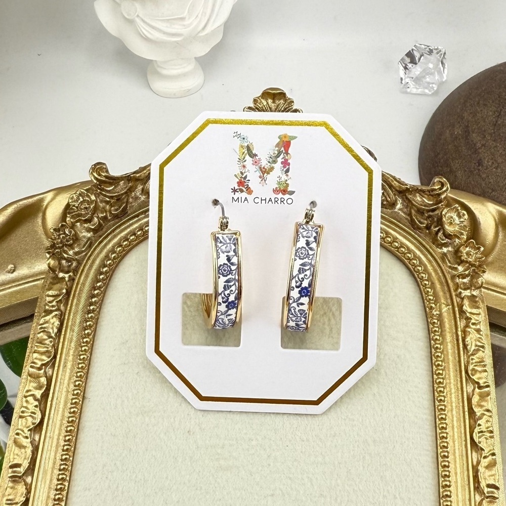 Mia Charro Blue & White Floral Enamel Hoop Earrings - Picture 3 of 10